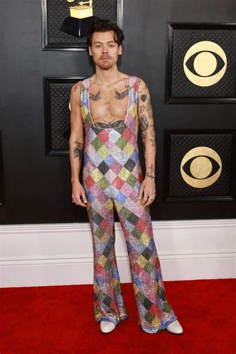 Harry Styles Frees The Nipple In A Glittering Rainbow Jumpsuit At The 2023 Grammys | Nestia