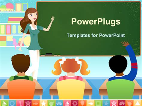 PowerPoint Template: teacher and three pupils in classroom with board and books (10863)