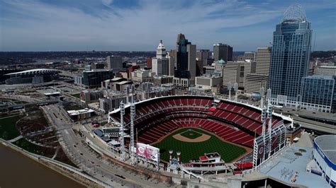 An aerial view of empty Great American Ball Park on Opening Day