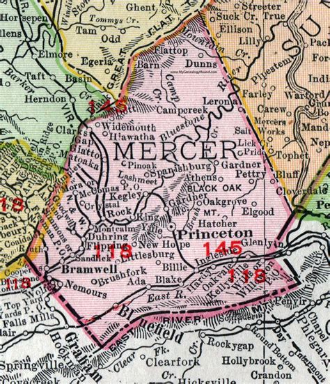 Mercer County, West Virginia, 1911, Map, Princeton, Bramwell, Bluefield, Matoaka, Lashmeet ...