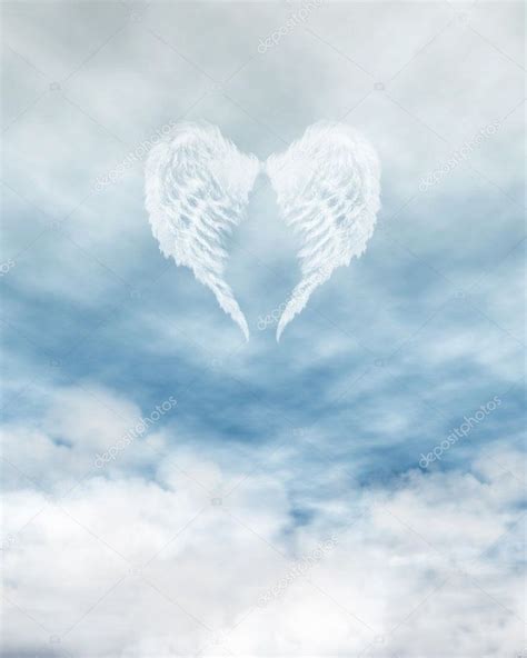 White feathered angel wings forming a heart shape on a background of blue sky and clouds | Angel ...