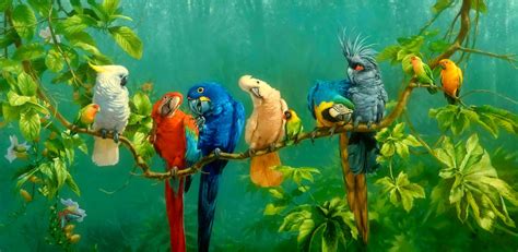 Download Parrots In The Forest Painting Wallpaper | Wallpapers.com