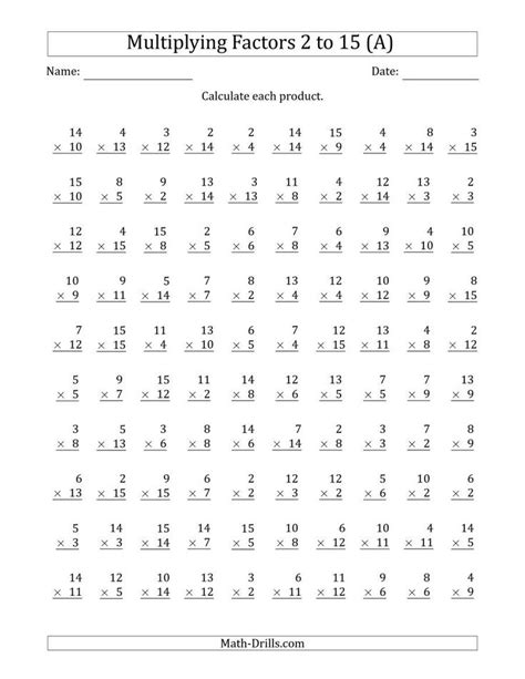 The Multiplying with Factors 2 to 15 (A) Math Worksheet… | Multiplication facts worksheets, Math ...