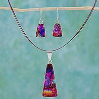 Modern Art Glass Pendant Jewelry Set from Mexico - Turquoise Pyramid | NOVICA