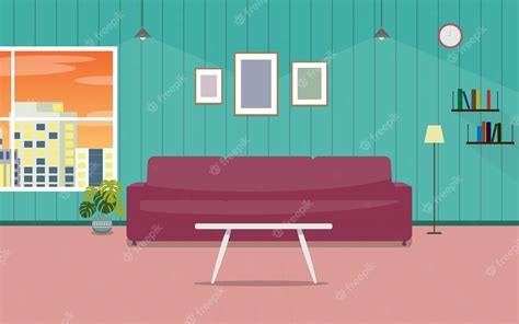 Premium Vector | Home Interior with Couch Table Bookshelf