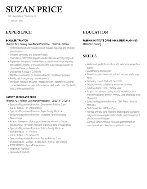 Primary Care Nurse Practitioner Resume Samples | Velvet Jobs