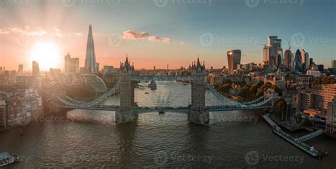 Aerial view of the London Tower Bridge at sunset. 13262625 Stock Photo ...