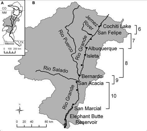 A) Map of Upper Rio Grande watershed shaded in gray. B) Detailed map of... | Download Scientific ...