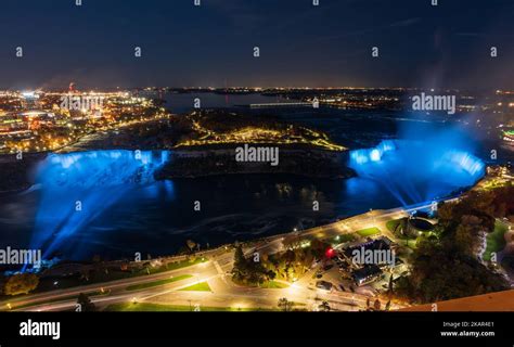 Aerial view of Niagara Falls American Falls Horseshoe Falls night ...