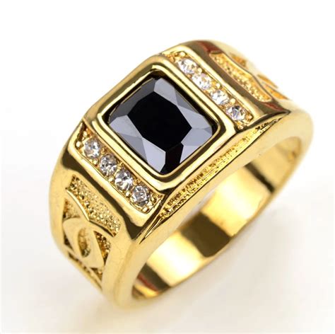 18K Real Gold Plated Finger Rings For Men With Black Stone Cubic Zirconia New 2016 Fashion Men ...