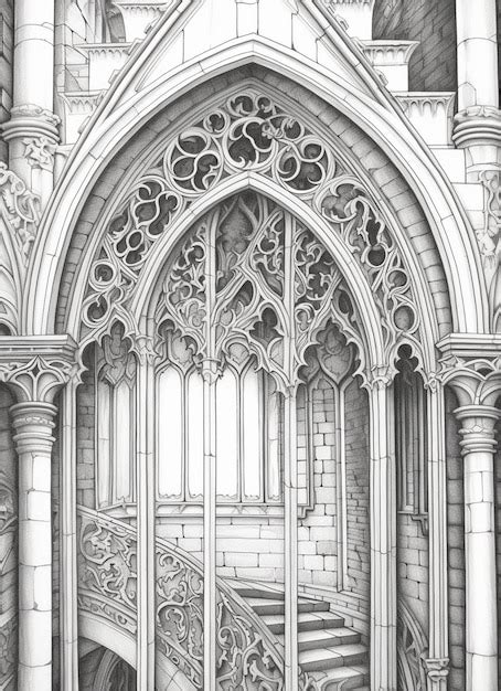 Premium Photo | A drawing of a staircase leading to a gothic style building generative ai