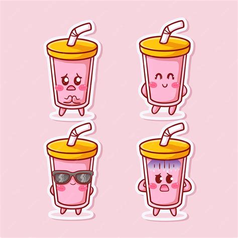 Premium Vector | Cute and Kawaii Pink milkshake Sticker Set With ...