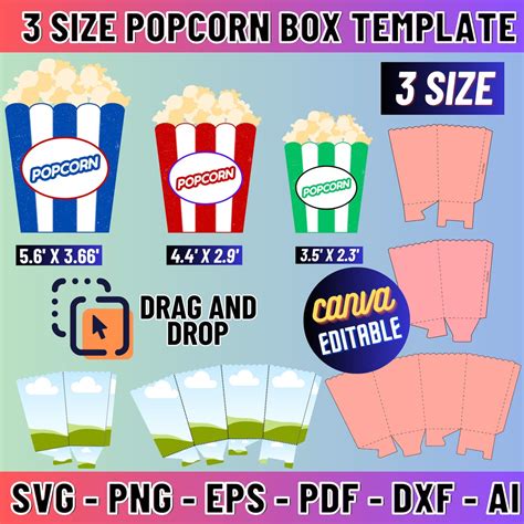 Popcorn Box Template, Popcorn Box Bundle, Popcorn Box Svg, Party Favors ...