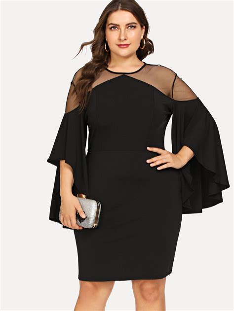 Plus Mesh Flounce Sleeve Dress | Contrast dress, Semi formal attire for women, Plus size dresses