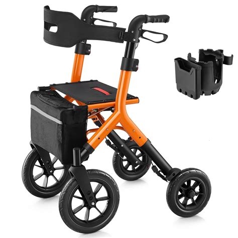 Rollator Walker for Tall Seniors, 12" All Terrain Big Rubber Wheels, Built-in Cable Folding ...