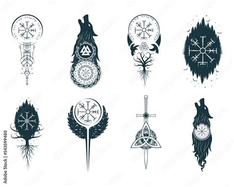 Viking symbols isolated set. Hand drawn collection of pagan norse sign ...