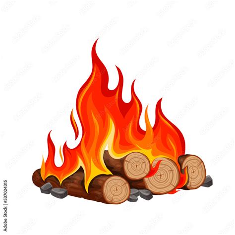 Fire of bonfire with stack of burning logs vector illustration. Cartoon ...