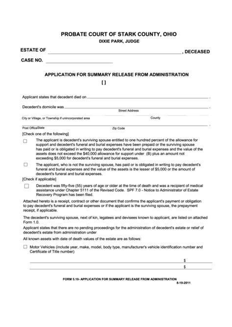 Fillable Application For Summary Release From Administration - Probate ...