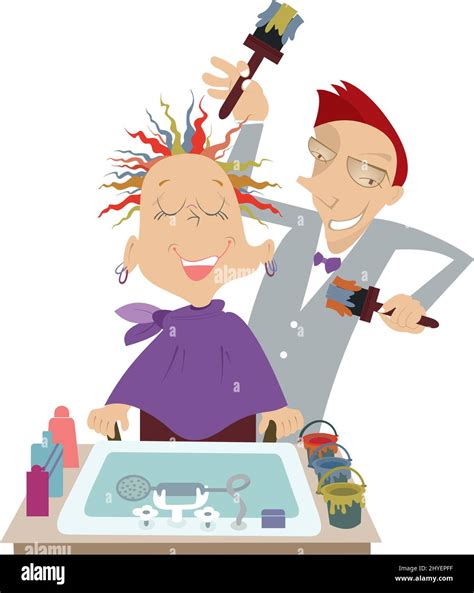 Hairdresser paints hair of the woman illustration. Funny cartoon hairdresser makes to woman a ...