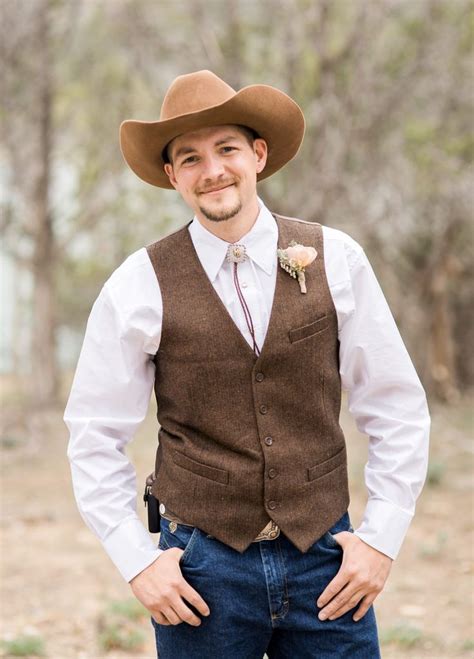 Rustic grooms wedding attire. Groom with cowboy hat, groom with vest, groom with bolo tie ...