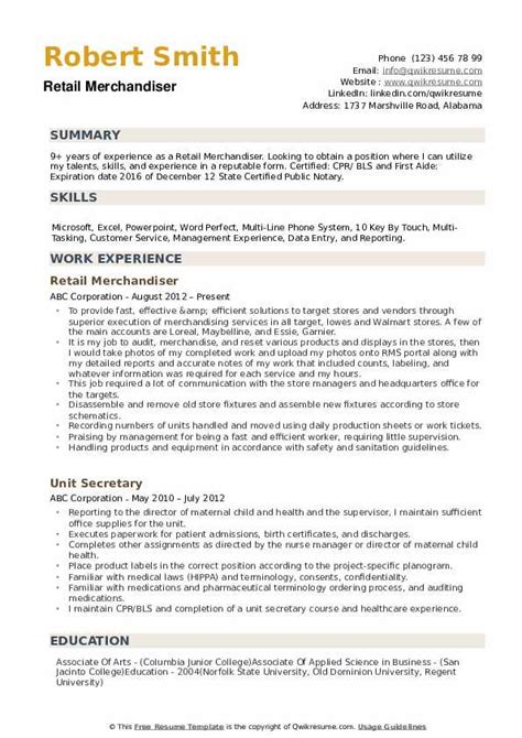 Retail Merchandiser Resume Samples | QwikResume