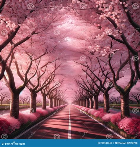 A Photo of a Road with Cherry Blossom Trees on Two Sides of the Road by Generative AI Stock ...