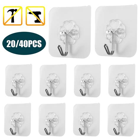 TSV 40/20pcs Self Adhesive Wall Hooks 15KG(Max) Heavy Duty Wall Hook Transparent Stick on Hooks ...