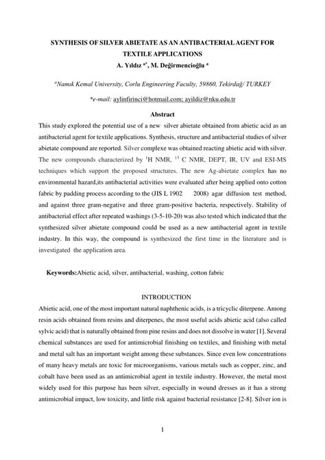 (PDF) Synthesis of Silver Abietate as an Antibacterial Agent for Textile Applications