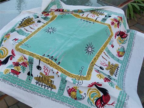 Colors for kitchen! Whimsical Vintage 1960s Vivid Aqua Gold Red Black Kitchen Table Cloth Red ...