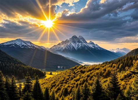 Premium AI Image | Sun rays mountain landscape