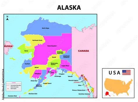 Alaska Map. State and district map of Alaska. Administrative and political map of Alaska with ...