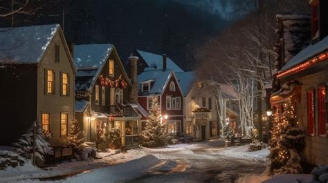 Premium Photo | A snowy street with a lit up christmas tree and a house ...