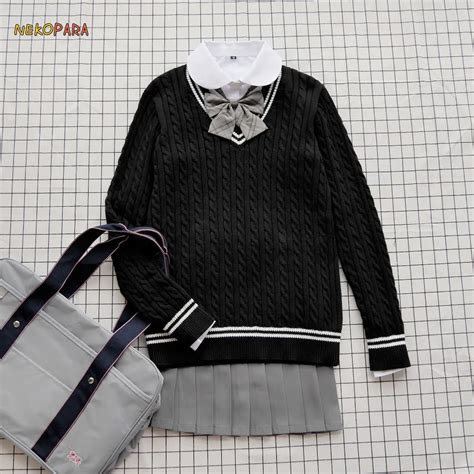 Women's Black Knitted Sweater Japanese Student Uniform JK Pullovers Deep V neck Winter Retro ...