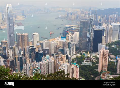 High view of the Hong Kong Island skyline and Victoria Harbour from Victoria Peak, Hong Kong ...