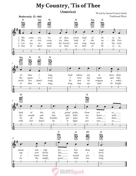 My Country, 'Tis of Thee - Easy Ukulele Sheet Music and Tab with Chords and Lyrics