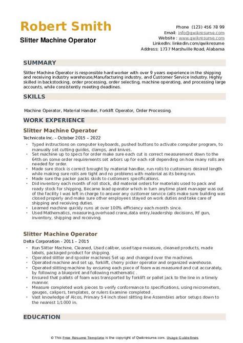 Slitter Machine Operator Resume Samples | QwikResume