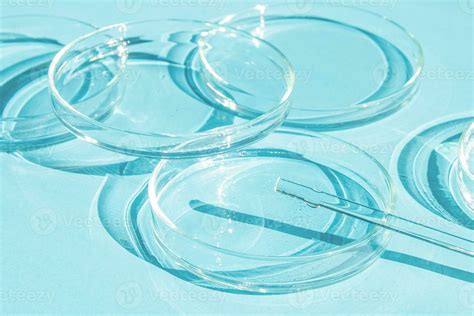 Petri dish. A set of Petri cups. A pipette, glass tube. On a blue blue ...