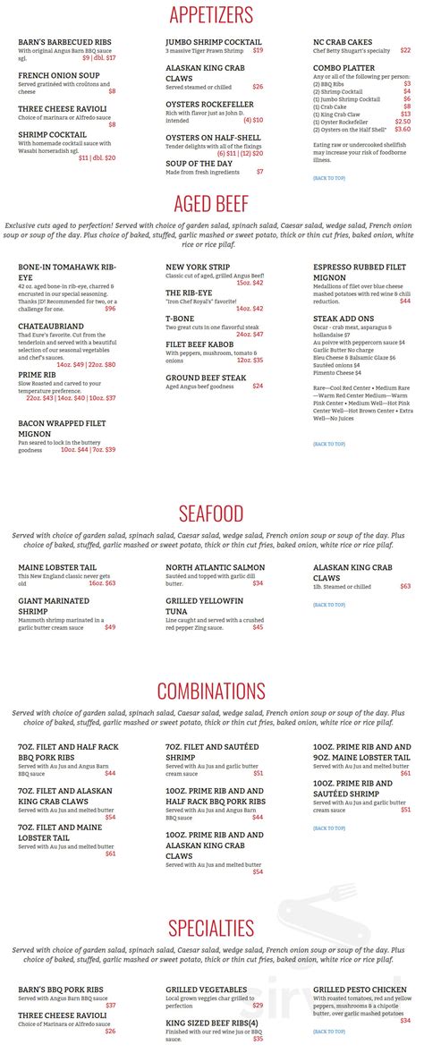 Angus Barn menu in Raleigh, North Carolina, USA