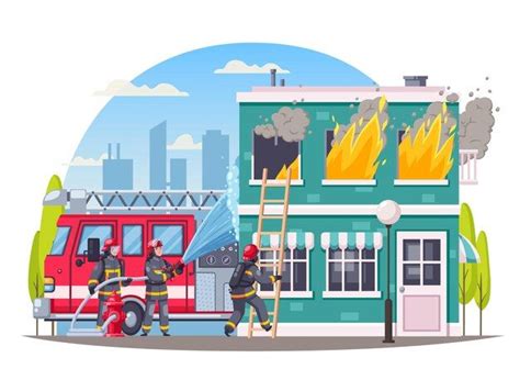 Firefighters Cartoon Composition with Outdoor Fire