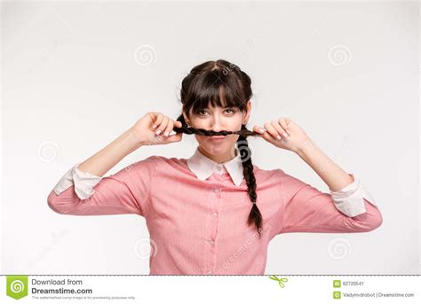 Funny Woman Doing Mustache with Pigtail Stock Image - Image of posing ...