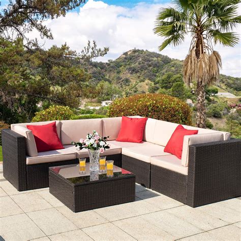 Walnew 6 Pieces Outdoor Furniture Patio Sectional Sofa Sets All Weather PE Rattan Manual Wicker ...