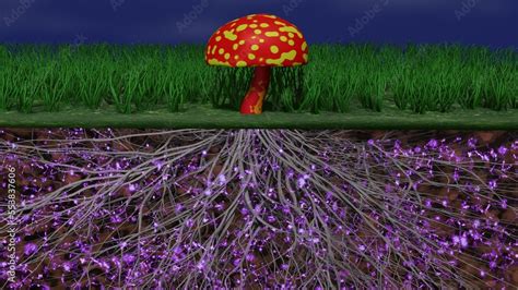 Mycelium network, fungal root system underground. Mushrooms above ground, root system below ...