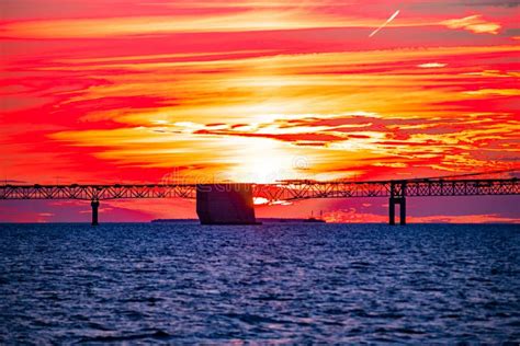 Mackinac Bridge at sunset stock image. Image of tower - 256892123