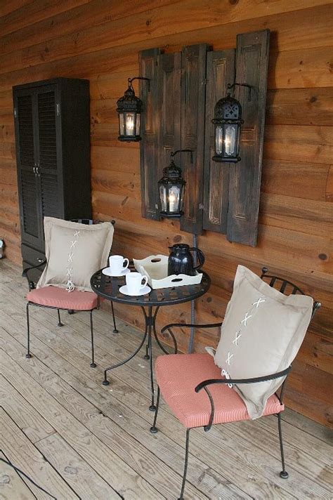 Dark Stained Wood Wall Hanging with Lanterns | Porch Wall Decor