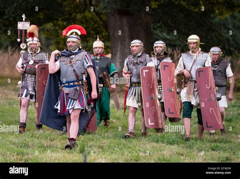 Roman living history reenactors during the reenactment at Chesters Roman Fort at Hadrian's Wall ...