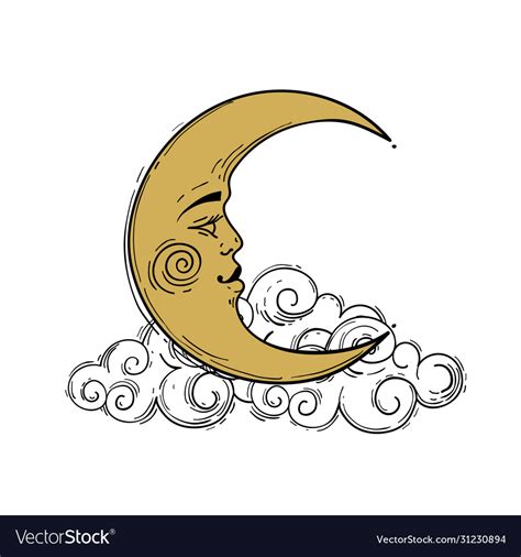 Crescent moon with face stylized drawing gold Vector Image