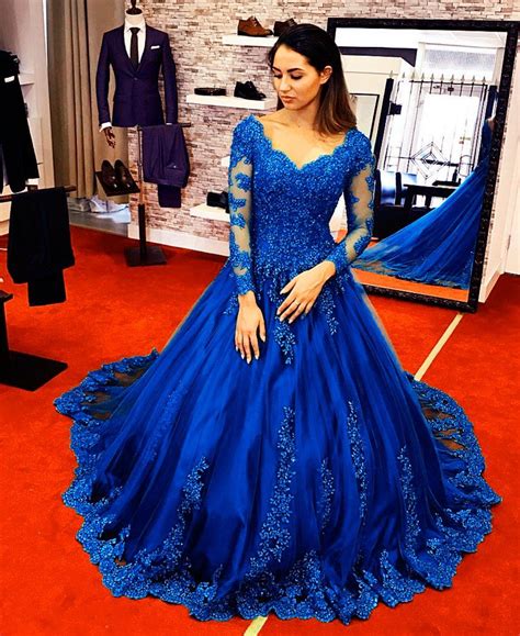 Royal Blue Wedding Dress Long Sleeves Lace Ball Gown | Blue wedding dresses, Blue wedding dress ...