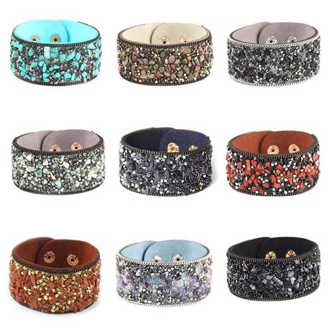 2018 Pave Gravel Stone Crystal Wristband Bracelet Bangles Handmade Wide Leather Cuff Bracelets ...