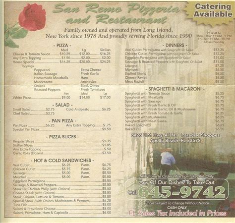 Menu at San REMO Pizza Restaurant, Apollo Beach