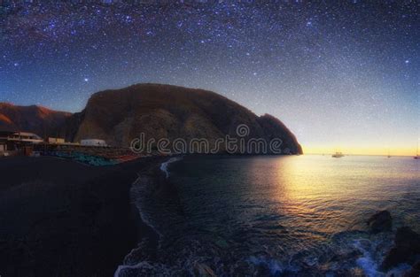 Galaxy Over Perissa Beach with Black Volcano Sand of at Summer Sunset ...